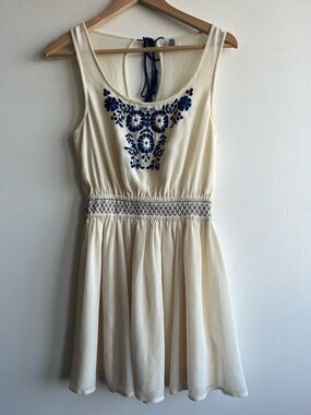 Ecote Cream Mini Dress with Navy Floral Embroidery Spring Summer Size M